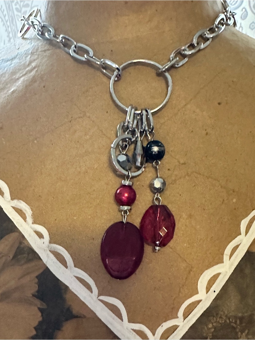 Source Unknown Silver-Tone Necklace with Burgundy and Navy Beads